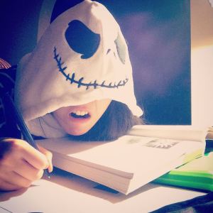 Studying in my Jack Skellington robe.